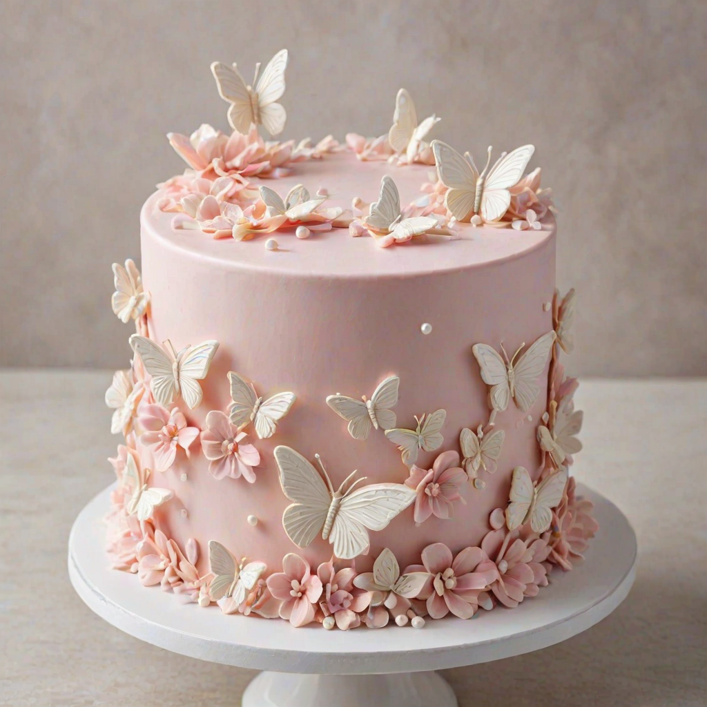 Create an image of a beautifully decorated cake with two layers. The top layer should be a soft pink color with a smooth finish, adorned with delicate white butterflies and small edible pearls. The bottom layer should be white with a textured design. The cake should be placed on a simple round white cake board, set against a light, neutral background.