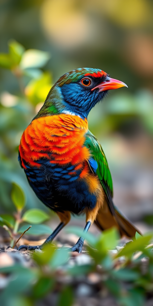 high-quality photo of a bird with colorful plumage in a natural setting, shallow depth of field, soft natural light, ISO 200, aperture f/2.8, shutter speed 1/200s, taken with a DSLR camera, 50mm lens, slightly low angle view to emphasize the bird's features and surroundings