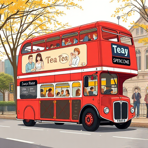 Create a detailed illustration of a double-decker bus designed for an afternoon tea experience, capturing the bus from a low-angle view to emphasize its height, with a focus on the interior featuring customers enjoying tea, use a Canon EOS R5 camera with a 24-70mm f/2.8 lens at ISO 400, aperture f/8, and a shutter speed of 1/125s to enhance clarity and depth.