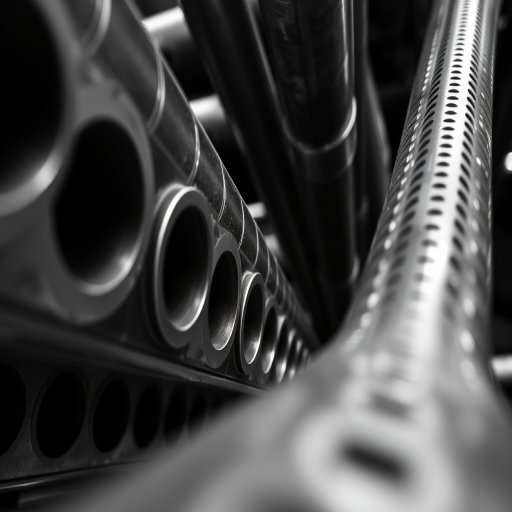 high contrast black and white photograph of metal pipes with circular holes, low angle view, f/4 aperture, 1/125 shutter speed, ISO 200, DSLR camera, macro style focusing on texture and detail
