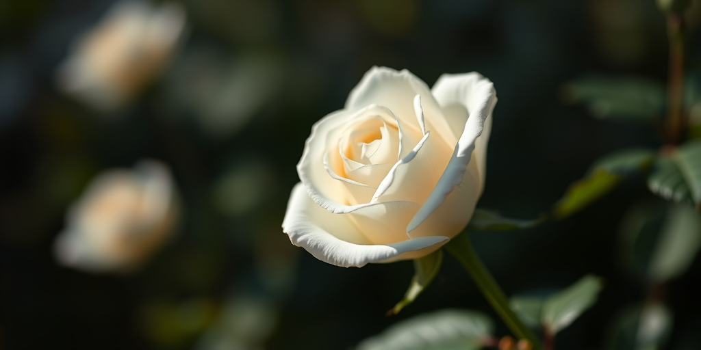 close-up shot of a single white rose, high-resolution, soft natural lighting, shallow depth of field, 50mm lens, aperture f/1.8, DSLR camera, macro photography style