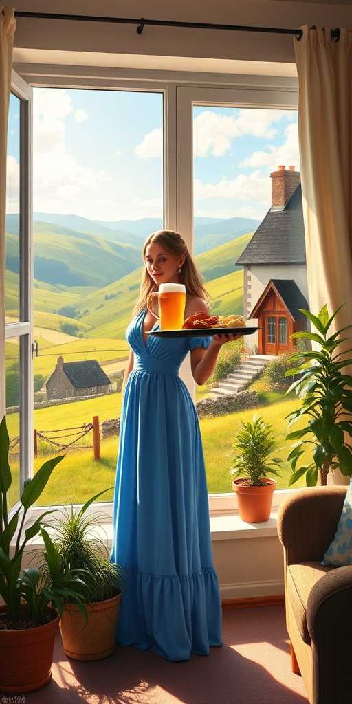 In "A Glass of Beer on the Highland," a serene scene is depicted in a sunlit room where a woman in a vibrant blue dress stands by a large window. She holds a tray with a hearty meal and a frothy glass of beer, embodying a moment of relaxation. Outside, the breathtaking highland landscape features rolling green hills and a charming traditional house, all bathed in warm afternoon light. The interior is adorned with potted plants, creating a harmonious blend of comfort and nature. The painting beautifully captures the tranquility and joy found in simple pleasures amidst stunning scenery