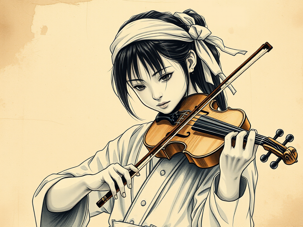 a young Ainu woman with a white headband playing a violin, in the style of a charcoal drawing, sepia grunge background