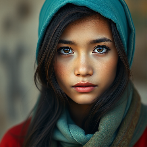 Create a portrait of a young Lao male with long, dark hair and captivating hazel eyes. She is wearing a cyan headscarf and a matching scarf draped gracefully around her neck. The background is softly blurred, focusing attention on her serene and natural expression. The overall color palette is muted and warm, enhancing the intimate and authentic feel of the portrait.