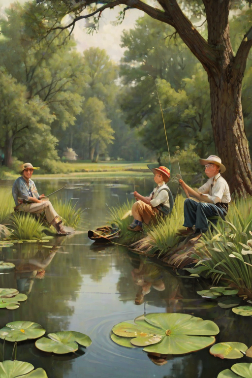 Imagine a small group of old fashioned young boys out fishing by the creek, a swing hanging from a tree branch, reeds and grasses by the water's edge, a frog sitting on a lily pad, dragonflies hovering over som water plans, a very iconic old fashioned scene reminiscent of a Norman Rockwell painting style