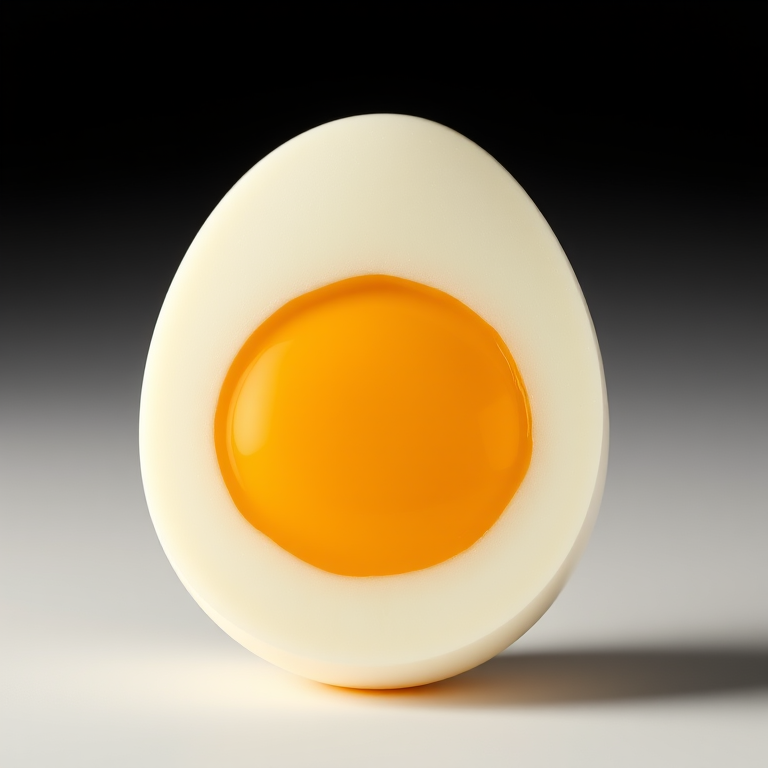 Create a high-resolution image of a stylized egg with a bright yellow yolk centered in a white oval shell, using a DSLR camera at f/2.8 aperture, ISO 100, and a focal length of 50mm, with a soft-focus background to enhance clarity and detail.