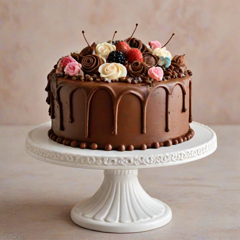 Create an image of a beautifully decorated chocolate cake on a white pedestal. The cake should feature intricate piping designs with swirls and floral patterns in varying shades of brown. Include decorative accents like small edible beads or berries on the cake, with a soft pastel background to enhance the overall elegance.