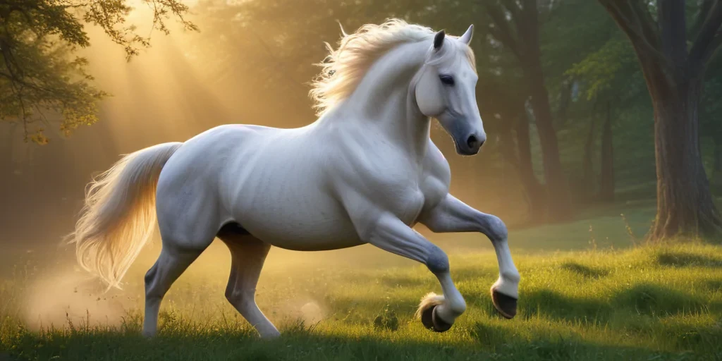 A Majestic White Horse Galloping Gracefully Through a Sunlit Forest ...