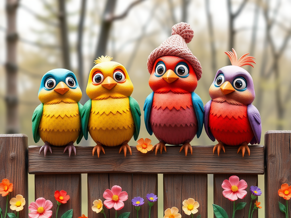 create a scene of 4 quirky  whimsical colourful comical birds each with a funny expression. they are sat on a wooden fence with colourful flowers. they are all different sizes. each one is a different colour  one is wearing a woolly hat. Each one has a different quirky google expression and there is a muted background of trees watercolour paintierly style high definition 8k resolution 3D paper mache