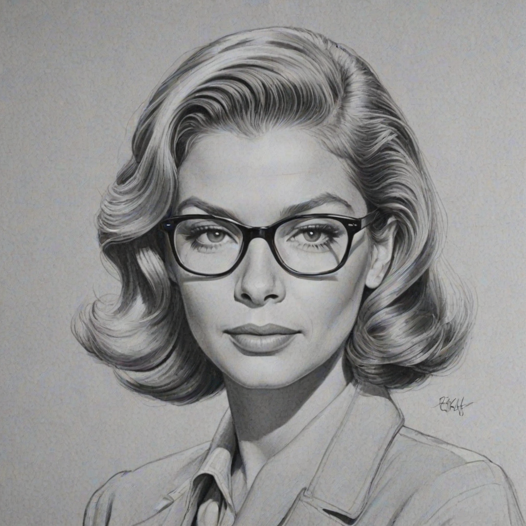 Delightful Lauren Bacall, pencil sketch, portrait of Sublime woman 1961s in glasses, hair style beatnik, outline, clear lines, fine lines, 8k