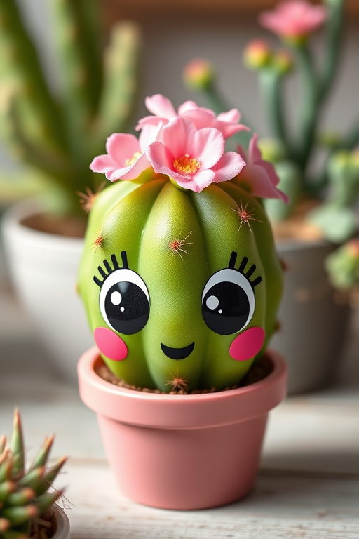 Create a cute cartoon cactus character with large expressive eyes and pink flowers on top, positioned in a pink pot, in high resolution, taken with a DSLR camera, 50mm lens, f/2.8 aperture, ISO 100, and natural soft lighting to enhance colors and details.