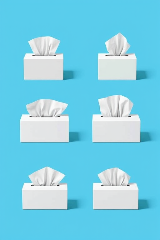 Design a set of six minimalist tissue box illustrations featuring different styles, arranged in a grid format with a bright blue background, using a high-resolution digital camera with a 50mm lens, f/1.8 aperture, 1/200 sec shutter speed, and ISO 100 for enhanced clarity and depth.