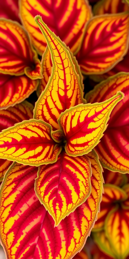 Close-up shot of vibrant coleus leaves with red, yellow, and green patterns, using a macro lens, f/2.8 aperture, ISO 100, natural light, shot with a DSLR camera from a top-down angle to enhance color saturation and detail.