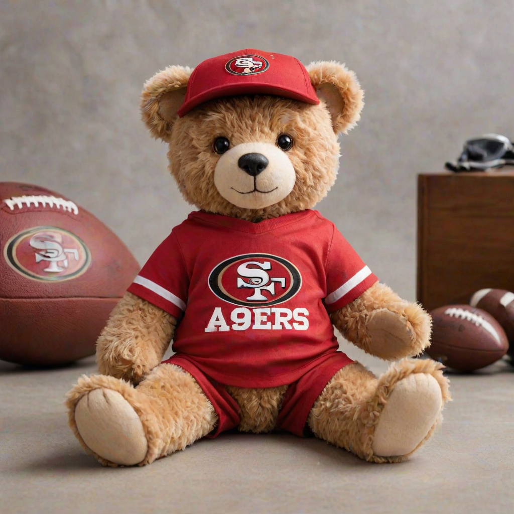 A cute and fluffy teddy bear dressed in a San Francisco 49ers-themed outfit, wearing a red cap with the 49ers logo, aviator sunglasses, and a white football jersey with red accents. The bear is also wearing casual jeans and red and white sneakers, while sitting in a relaxed pose with a football beside it. The teddy bear has a cool, laid-back attitude, with a sporty vibe. The background is clean and minimal, highlighting the bear as the main focus.