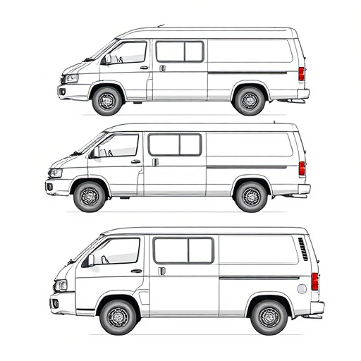 Create a detailed illustration of a van from multiple angles including front, side, and rear views, with enhanced line quality and shading, captured using a DSLR camera with a focal length of 35mm, aperture set to f/8, shutter speed at 1/250s, and natural lighting for optimal clarity.