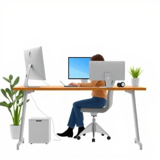 Create a high-quality vector graphic of a sitting person working at a computer desk, using a 50mm lens, f/2.8 aperture, ISO 100, natural light, with a clean white background for better contrast, in a frontal view to enhance clarity and focus on the subject.