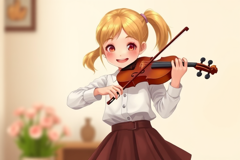 Create a vibrant digital illustration of a young girl playing a violin, with blonde hair tied in a ponytail, dressed in a stylish white blouse and brown skirt, set against a soft, blurred background that emphasizes her joyful expression, using a 50mm lens, f/2.8 aperture, ISO 100, with front lighting to highlight details.