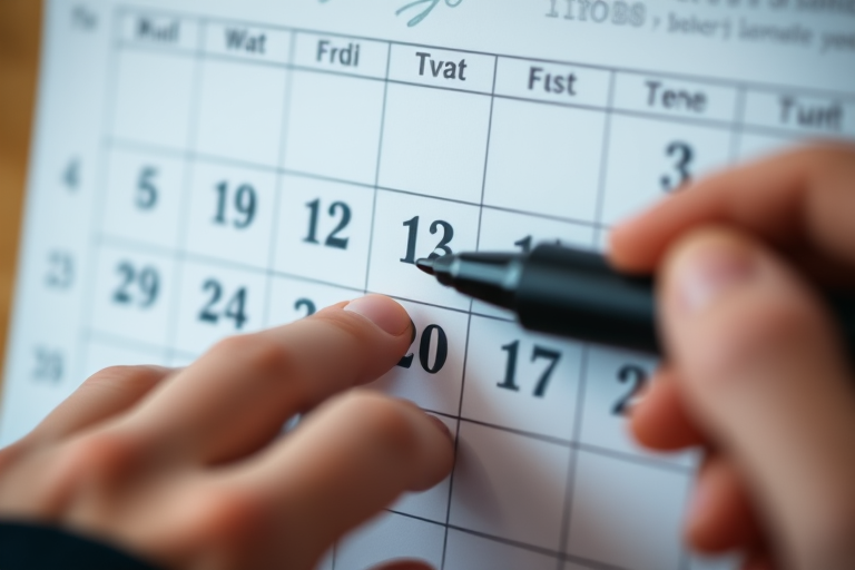 Close-up shot of a person's hand marking a date on a calendar with a black marker, shallow depth of field, f/2.8 aperture, ISO 200, 50mm lens, soft natural light, DSLR camera.