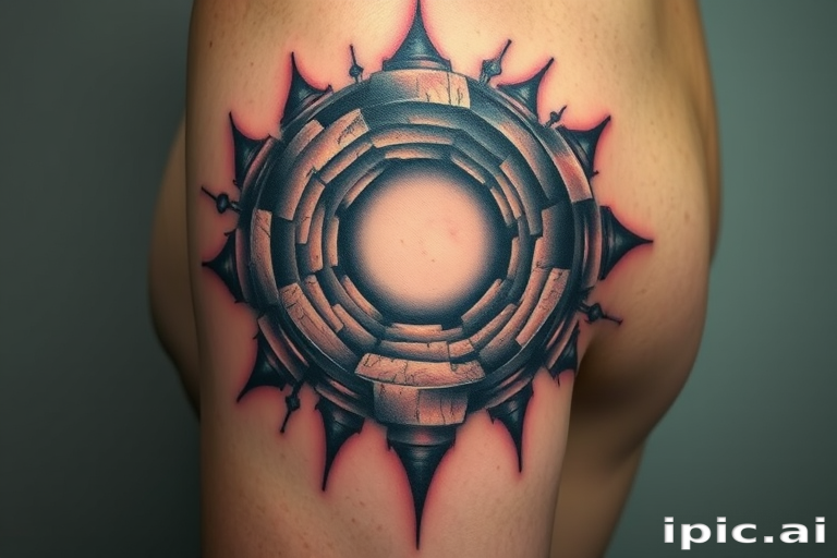 Surrealist optical illusion tattoo creating the appearance of a three-dimensional portal on the skin, with hyper-realistic depth and shading techniques for a mind-bending visual experience
