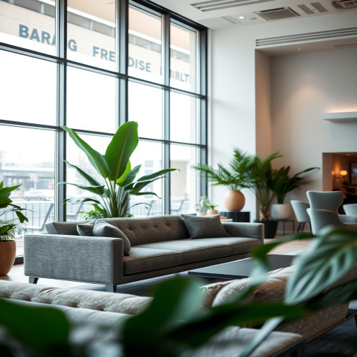 interior of a modern lounge with a gray sofa, green plants, large windows, natural lighting, bright atmosphere, focus on texture and detail, shot with a Canon EOS R6, 24mm lens, f/2.8, ISO 200, soft focus background to enhance subject clarity