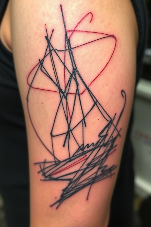 Sketch-style tattoo called "Artisan's Vision" depicting an unfinished drawing come to life, with loose, gestural lines and shading creating a dynamic effect