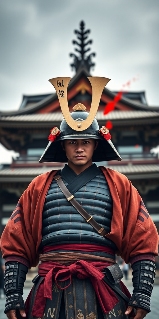 A samurai warrior in traditional attire standing proudly in front of a historic Japanese temple, dramatic red splashes in the background, captured with a Canon EOS R5, 85mm lens, f/1.8, ISO 100, shallow depth of field, natural lighting, portrait orientation, high dynamic range.