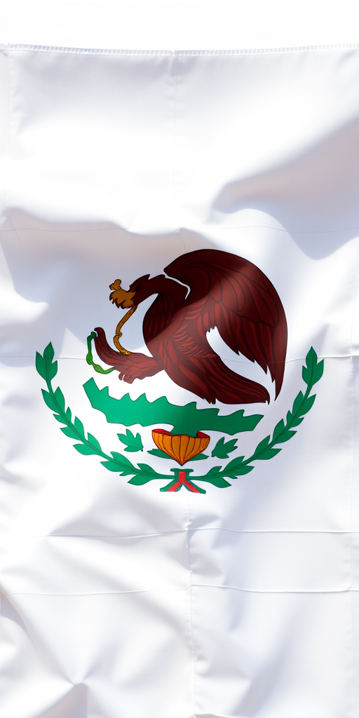 Generate a high-resolution image of the Mexican flag featuring vibrant colors and clear details, using a DSLR camera set to 50mm focal length, f/8 aperture, ISO 100, and natural lighting for enhanced clarity and contrast, shot from a straight-on view.