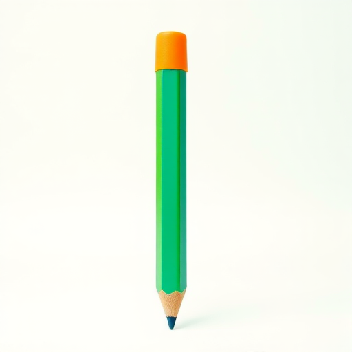 Create a high-resolution vector illustration of a striped pencil standing upright, with vibrant green and blue stripes, a bright orange eraser, and a soft shadow at the base, shot with a Canon EOS R5 at f/4, ISO 100, and 50mm lens in soft natural lighting.