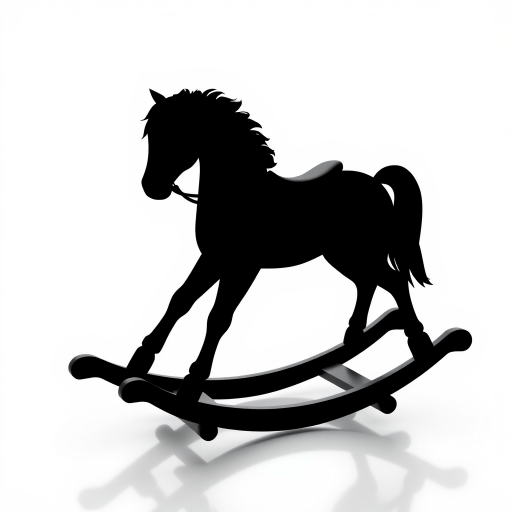 Create a stylized silhouette of a rocking horse on a transparent background, using high-resolution vector graphics, captured with a DSLR camera at f/2.8 aperture, 50mm lens, and soft diffused lighting for enhanced clarity and depth.