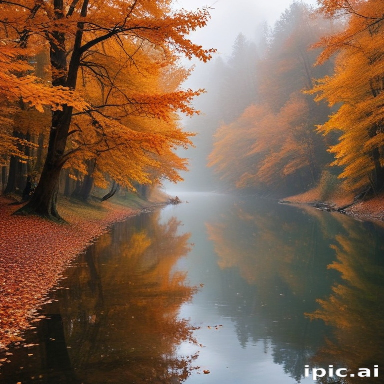 Tranquil Autumn Scene with Misty River and Vibrant Orange Leaves
