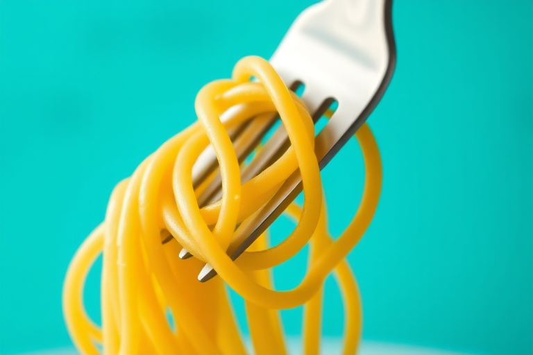 Close-up of a fork with spaghetti twirled around its tines, vibrant turquoise background, shallow depth of field, soft natural lighting, 50mm lens, f/2.8 aperture, ISO 100, Nikon D850, macro photography style.