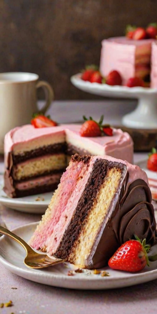 Generate an image of a slice of layered cake showing four distinct layers. The bottom layer is rich chocolate, the next layer is a vanilla cake, followed by a strawberry layer, and topped with a pink frosting. The slice is served on a white plate with a gold fork beside it. The setting is casual, with a rustic background.