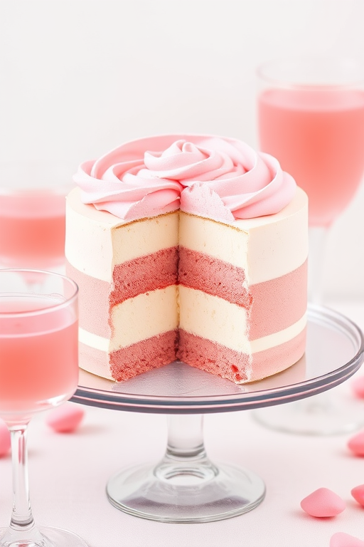 Create an image of a layered dessert with pink whipped cream on top a creamy white layer and a pink layer beneath it. The dessert is partially cut, showcasing the layers, and is served on a round cake stand. Surround the dessert with elegant glassware filled with a pink beverage. The background should be light and soft, enhancing the dessert's vibrant colors.