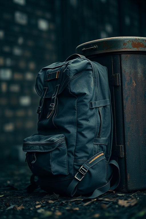 regenerate an image of a weathered backpack leaning against an old, rusty trunk with a dark, moody background, soft lighting to highlight textures, using a DSLR camera, 50mm lens, f/1.8 aperture, ISO 100, 1/60 second shutter speed, low angle view, shallow depth of field