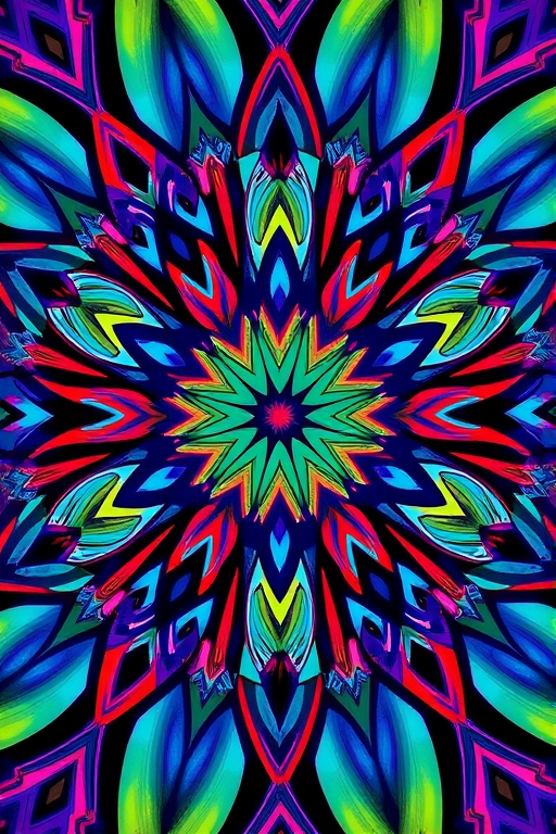 Create a high-resolution illustration of an abstract geometric pattern with vivid colors and intricate shapes, using a 50mm lens, f/1.8 aperture, 1/125 sec shutter speed, taken from a top-down perspective with a digital DSLR camera to enhance image quality.