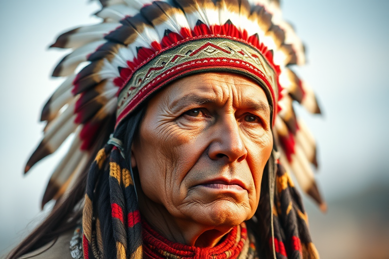 create a high-resolution illustration of a Native American chief wearing a feathered headdress, capturing fine details and textures, shot with a DSLR camera at f/4 aperture, ISO 100, 50mm lens, in natural light with a shallow depth of field to enhance the subject against a soft blurred background