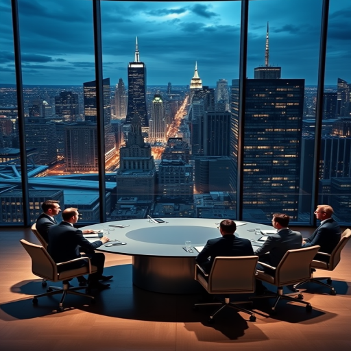 generate an image of a corporate boardroom with a panoramic city skyline view, dramatic lighting, and a group of six business professionals in suits seated around a sleek circular table, shot with a Canon EOS R5, 24mm lens, f/2.8 aperture, ISO 200, 1/200 sec shutter speed, in a low-angle perspective to emphasize the skyline and the seriousness of the meeting, using a cinematic style.