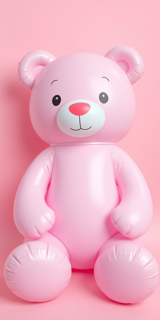 Create a high-resolution image of a pastel-colored inflatable teddy bear sitting upright, with a soft pink backdrop, using a DSLR camera with a 50mm lens, f/1.8 aperture, ISO 100, and natural lighting for enhanced texture and detail.
