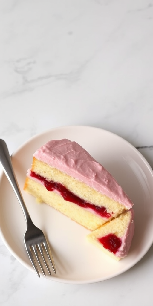 A slice of vanilla cake with pink frosting and a layer of red fruit jam on a white plate with a silver fork beside it and a small piece of cake cut out on the side. The background is a smooth marble surface.
