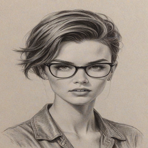 Stunning Ruby Rose, pencil sketch, portrait of Enticing woman 1959s in glasses, hair style beatnik, outline, clear lines, fine lines, 8k