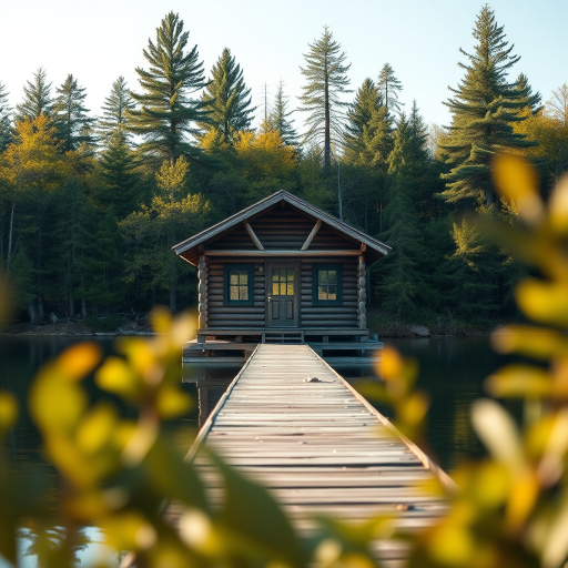 capture a wooden cabin on a pier surrounded by trees by a lake during the day, use a Canon EOS R5, 50mm lens, aperture f/2.8, ISO 100, shutter speed 1/200 sec, natural light, focus on the cabin with a slight bokeh effect on the foreground foliage