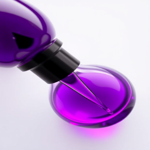 Regenerate an image of a round bottle with a narrow tip and a glossy finish, filled with bright purple liquid, positioned on a simple white background, using a DSLR camera, 50mm lens, f/2.8 aperture, ISO 100, natural lighting, and a shallow depth of field.