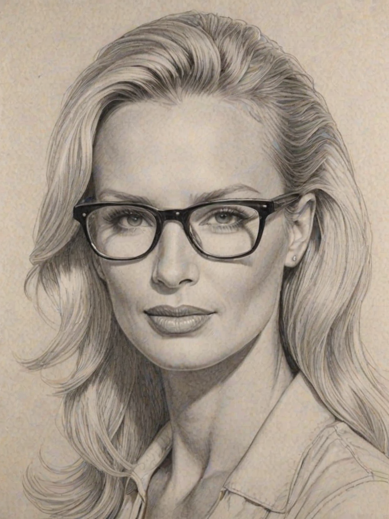 Radiant Nicolette Sheridan, pencil sketch, portrait of Beauteous woman 1942s in glasses, hair style beatnik, outline, clear lines, fine lines, 8k