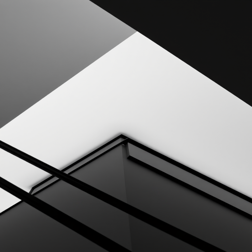 Create a high-contrast black and white geometric design with sharp lines and angles, using a Canon EOS R5 with a 50mm f/1.2 lens, aperture set at f/8, ISO 100, and a shutter speed of 1/250s, captured from a low angle for dramatic perspective.