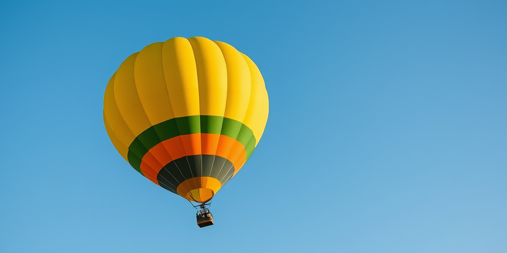 Create a high-resolution digital illustration of a vibrant yellow hot air balloon with green and orange stripes against a clear blue sky, captured with a Canon EOS R5 at f/8, ISO 100, and a shutter speed of 1/400s from a slightly elevated angle to emphasize its shape and colors.