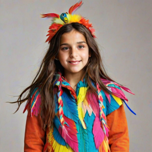A beautiful Ashkenazi girl, wearing colorful bird clothing with vibrant colors