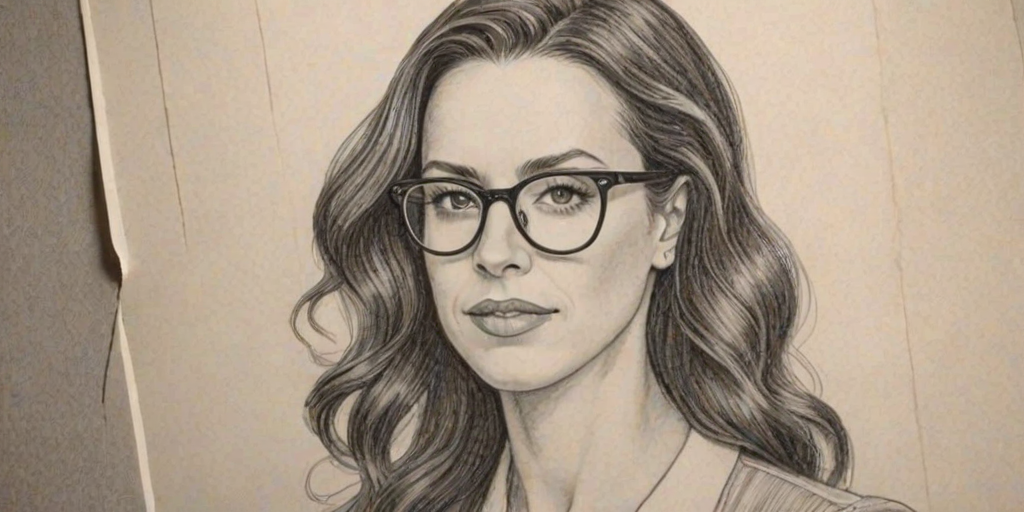 Graceful Alanis Morissette, pencil sketch, portrait of Radiant woman 1941s in glasses, hair style beatnik, outline, clear lines, fine lines, 8k
