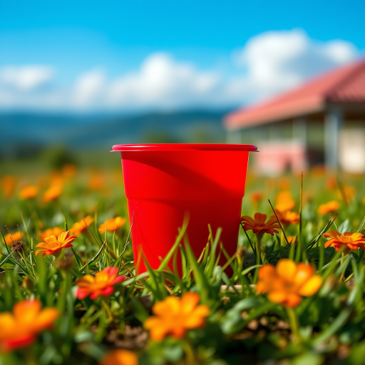 Create a vibrant and detailed illustration of a red plastic cup, captured with a Canon EOS R5 camera, 50mm lens, f/2.8 aperture, ISO 100, with a shallow depth of field and natural lighting to enhance image quality and contrast.