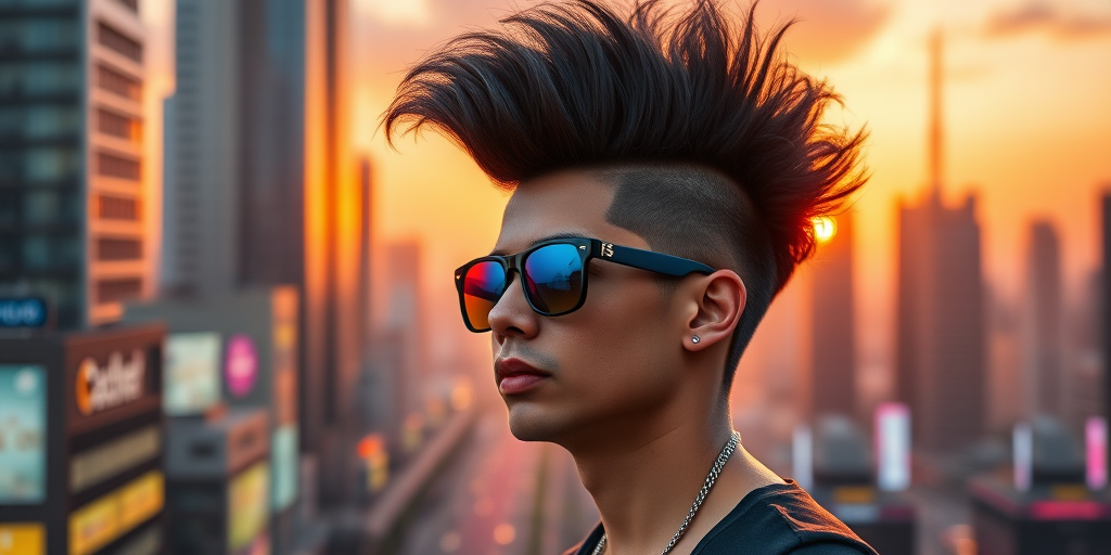 Create an image of a person with a large, creative hairstyle and sunglasses set against a vibrant cityscape with futuristic elements, using a high-resolution DSLR camera, 50mm lens, f/1.8 aperture, ISO 200, and a sunset background for dramatic lighting.