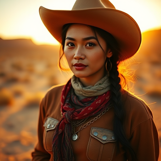 Dramatic photo of a beautiful Cambodian woman, classic cowboy attire, confident and free spirit expression, half-length portrait, centered, golden hour desert landscape, warm, diffused light, low angle, medium format film camera, in style of Annie Leibovitz.